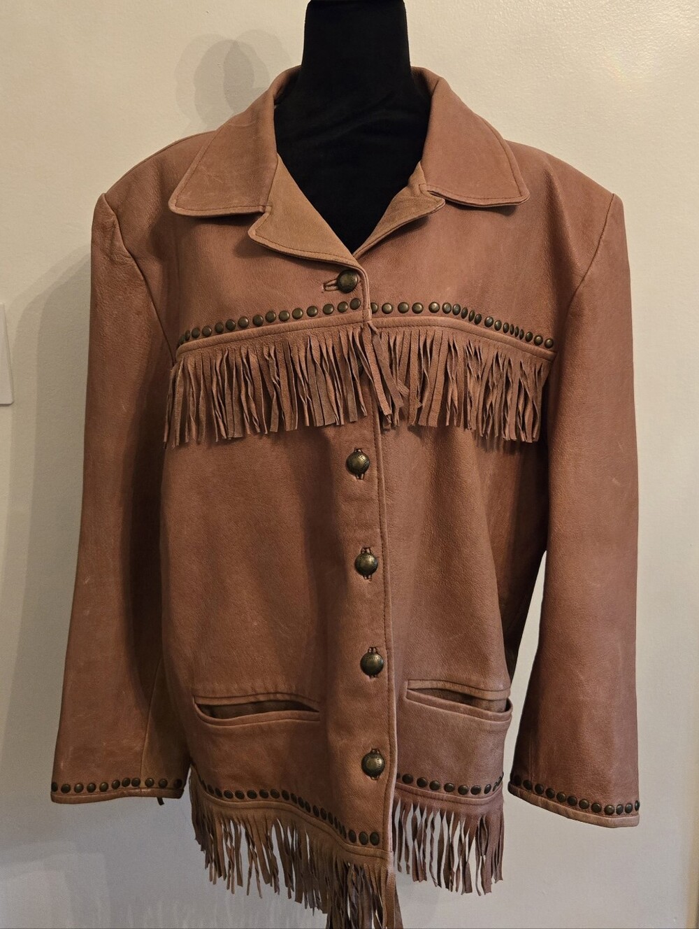 Vintage Santa Fe Womens Western Brown Leather Jacket With Fringe Brass Studs XL